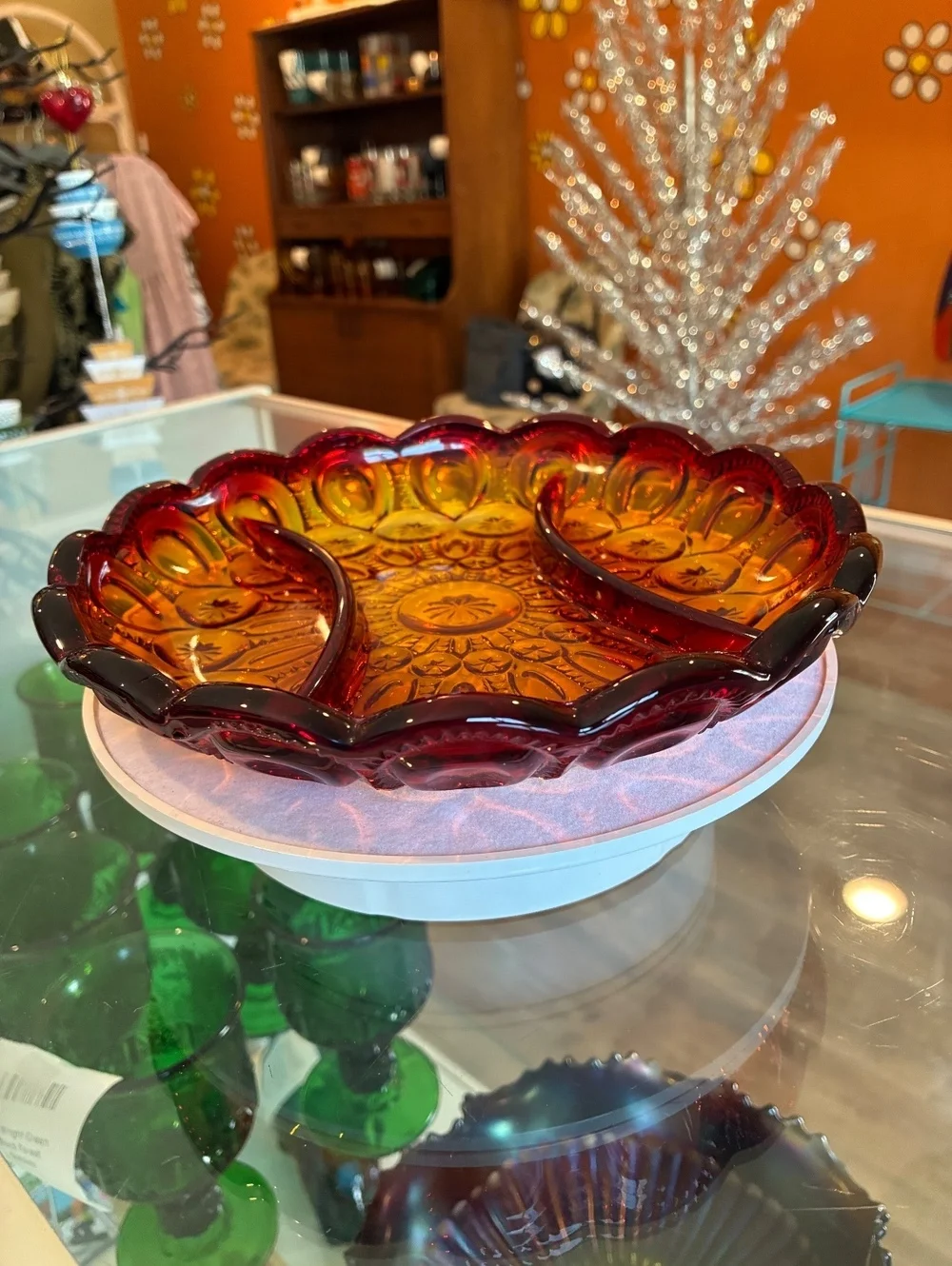 L.E. Smith Vintage Amberina Moon & Star Relish Tray UV Reactive Glass